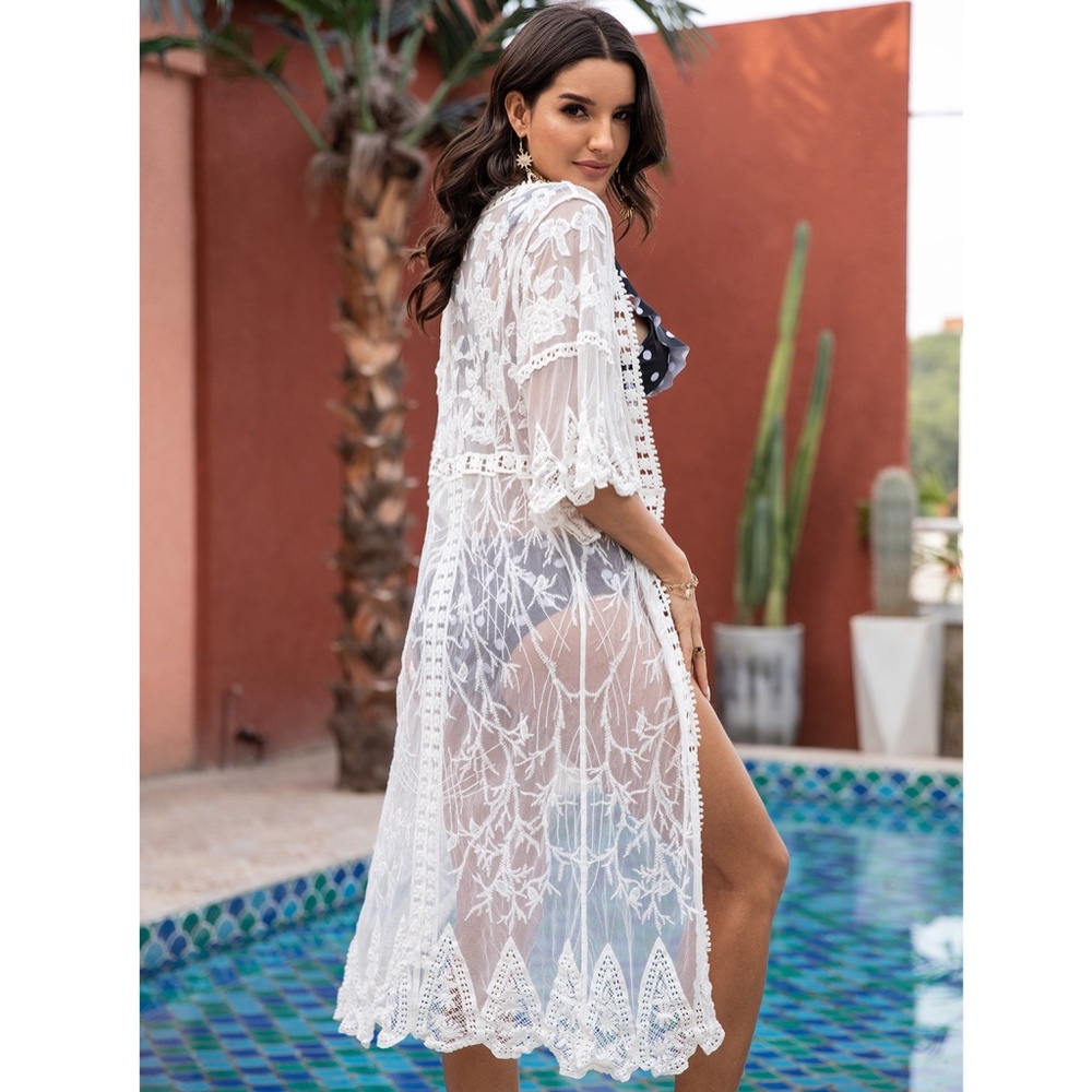 White Lace Boho Coverup Embroidered Kimono - Picture 3 of 8